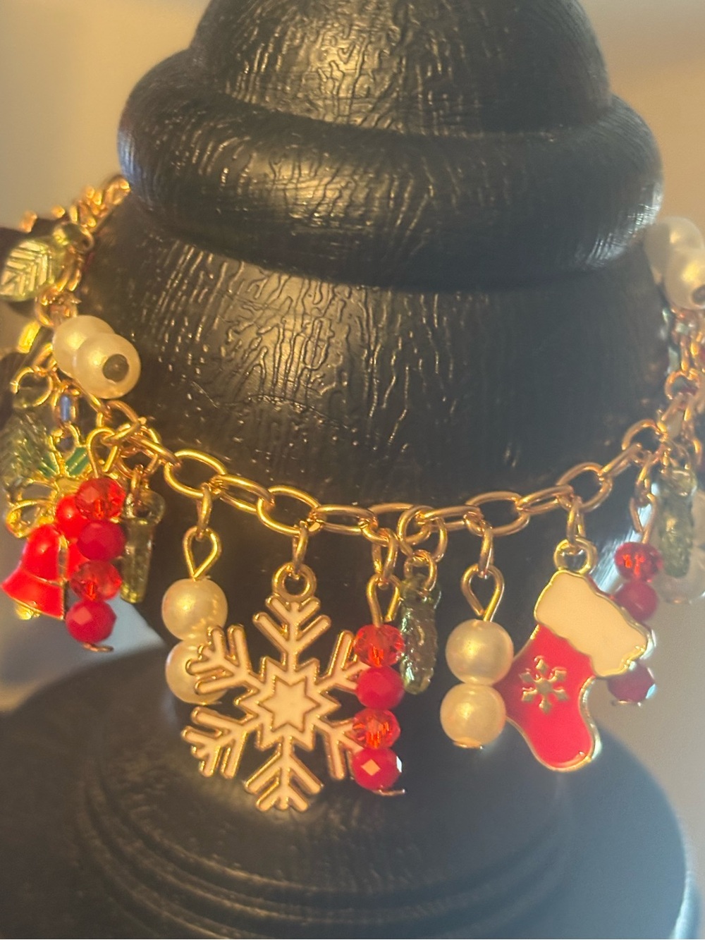 Festive Gold-Tone Charm Bracelet with Red and White Holiday Charms